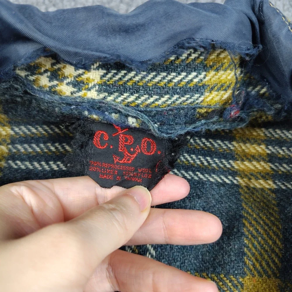 VTG CPO Wool Shirt Jacket Mens Large Plaid Grey Yellow Button Up